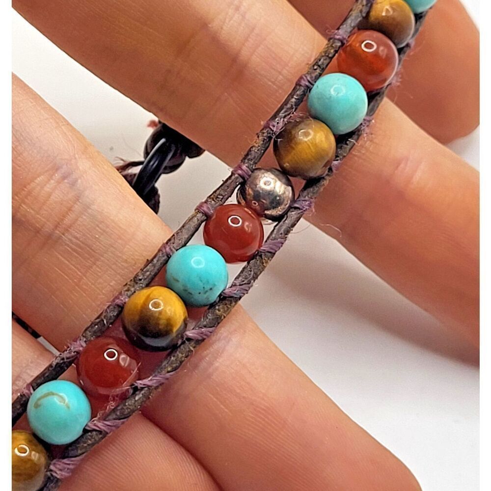 Braided Boho Style Turquoise Tiger's Eye Leather Strap Bracelet 7in